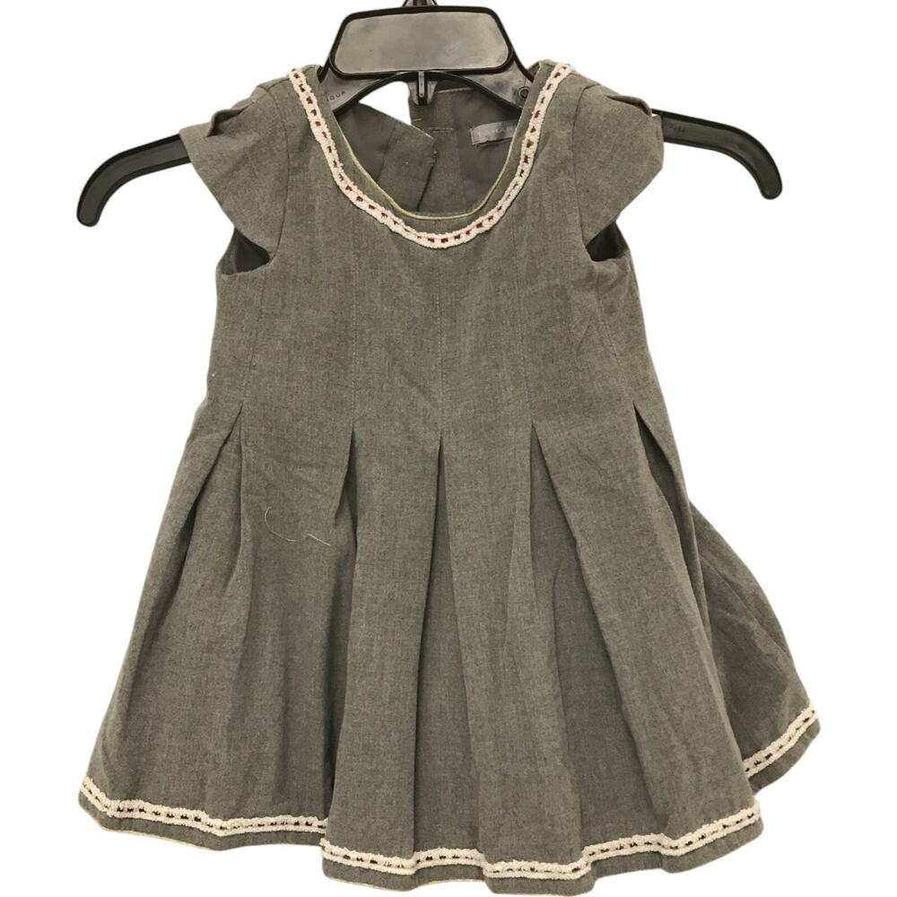 Tahari A-Line Dress Infant Girls 3M Gray Pleated Embroidered Short Cap Sleeve